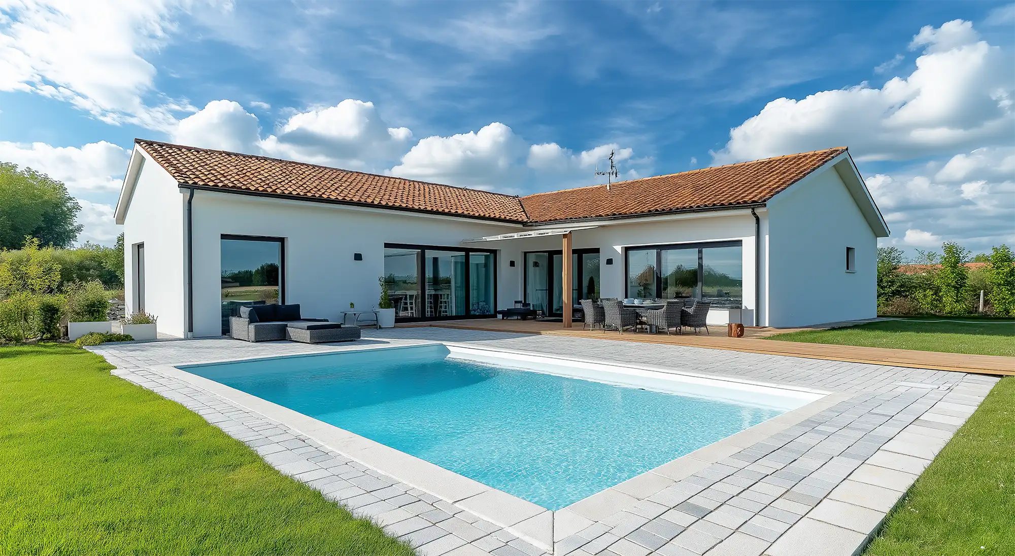 Inspiration av en vackert inramad pool med ett vitt putsat hus i vinkel